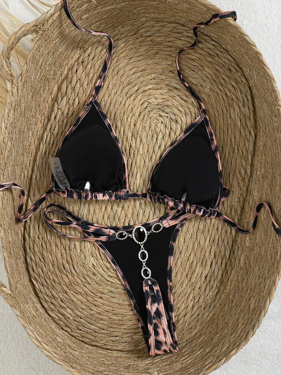Leopard Micro Diamond G-String Bikini
